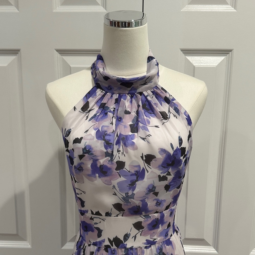 Eliza J Purple Floral Halter Tie Pleated Wedding Guest Party Maxi Dress Size 8 - Picture 7 of 16